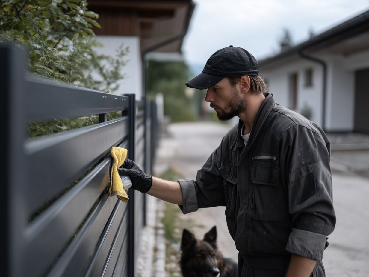 Mężczyzna w szarym kombinezonie i czapce, czyszczący metalowy płot żółtą ściereczką.