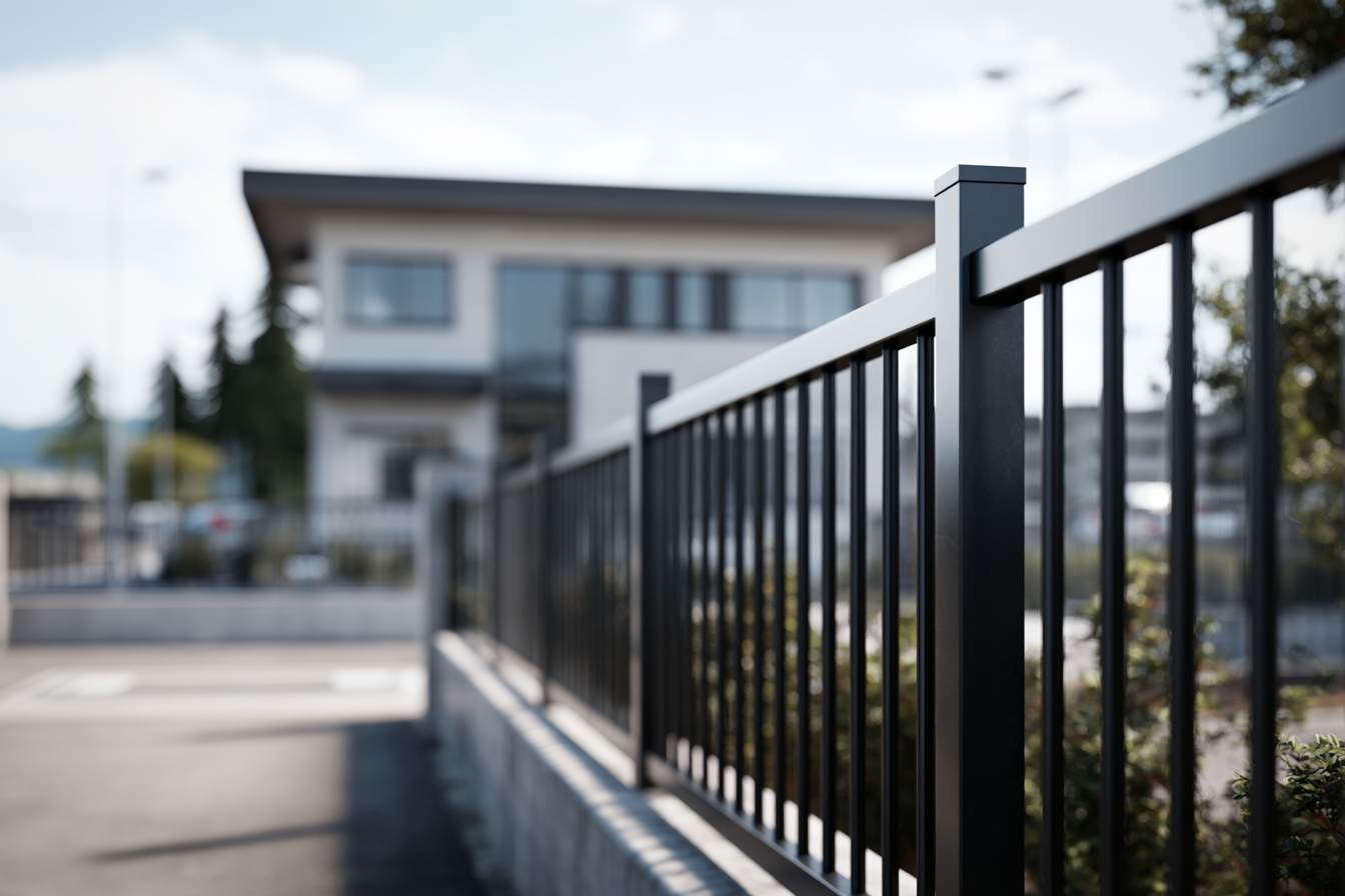 Front nowoczesnej posesji z ogrodzeniem palisadowym