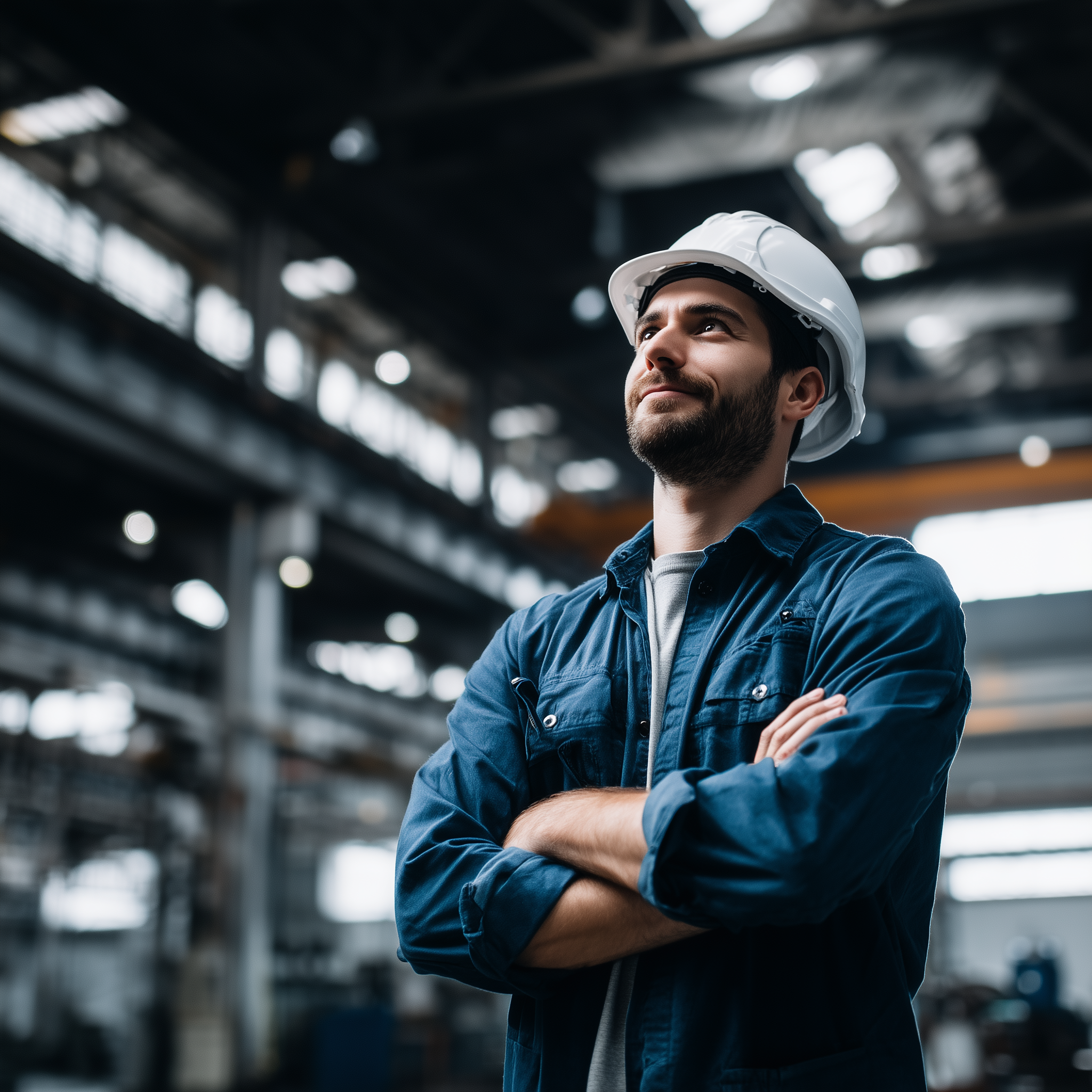 U9889576573 smiling handsome man in white helmet and blue work 2d73cea3 10dc 4cf8 a175 bfde3750337f