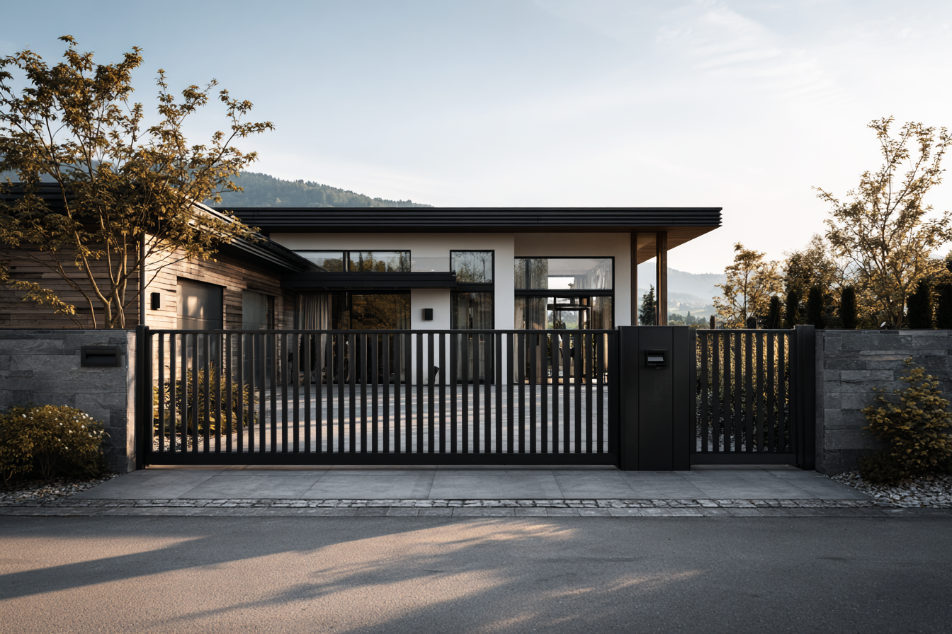 Ogrodzenie palisadowe przy nowoczesnej zabudowie