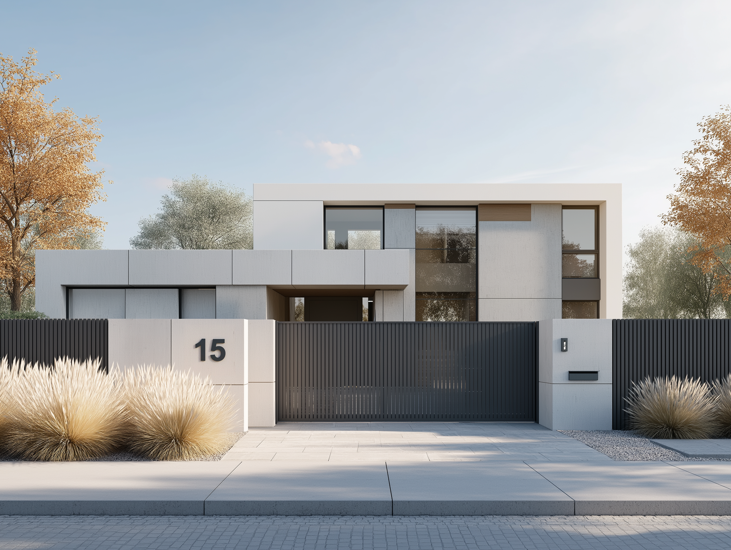 Ogrodzenie palisadowe przy nowoczesnym domu