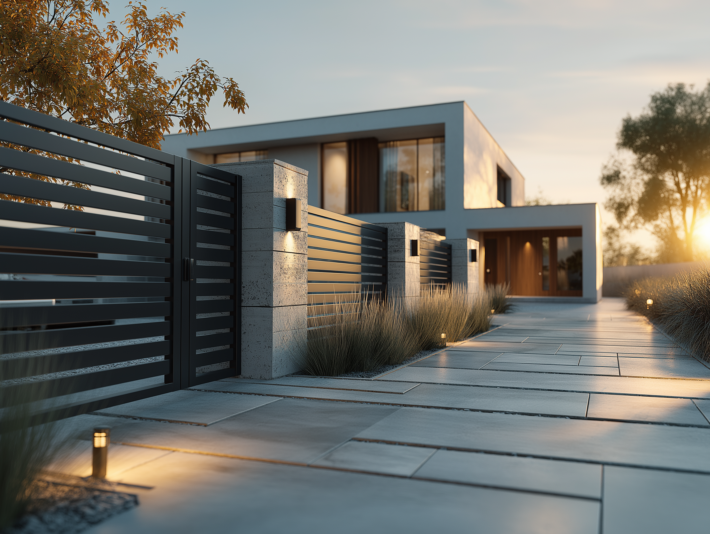 Ogrodzenie palisadowe przy nowoczesnym domu